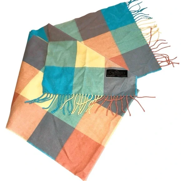 100% Cashmere Luxury Scarf Made in Germany Pastel Block Check Unisex 69x12” - Picture 3 of 3